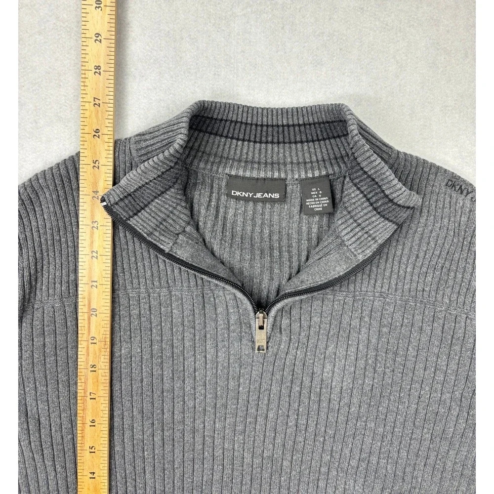 DKNY Jeans Quarter Zip Sweater Mens Large Charcoal‎ Gray Ribbed Cotton Pullover